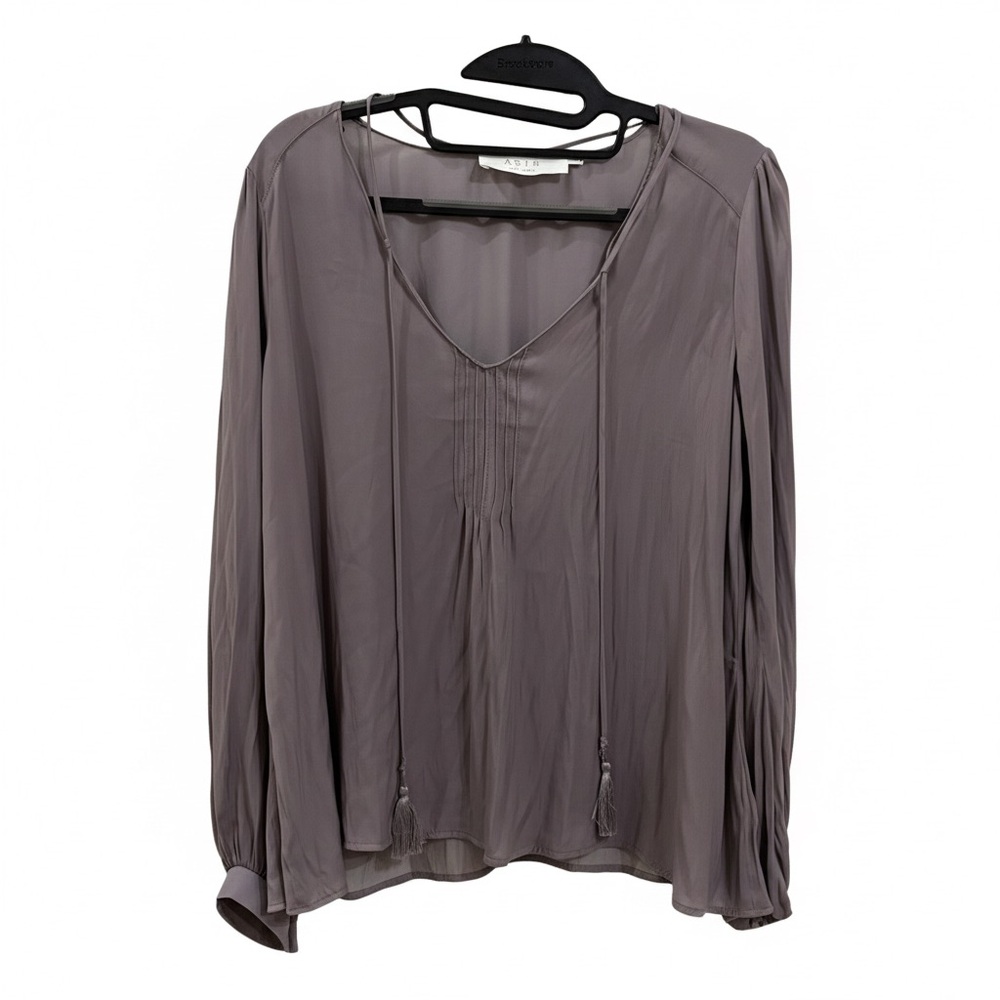 Astr the Label Anthropologie Taupe Purple Long Sleeve Contemporary Tassel Top